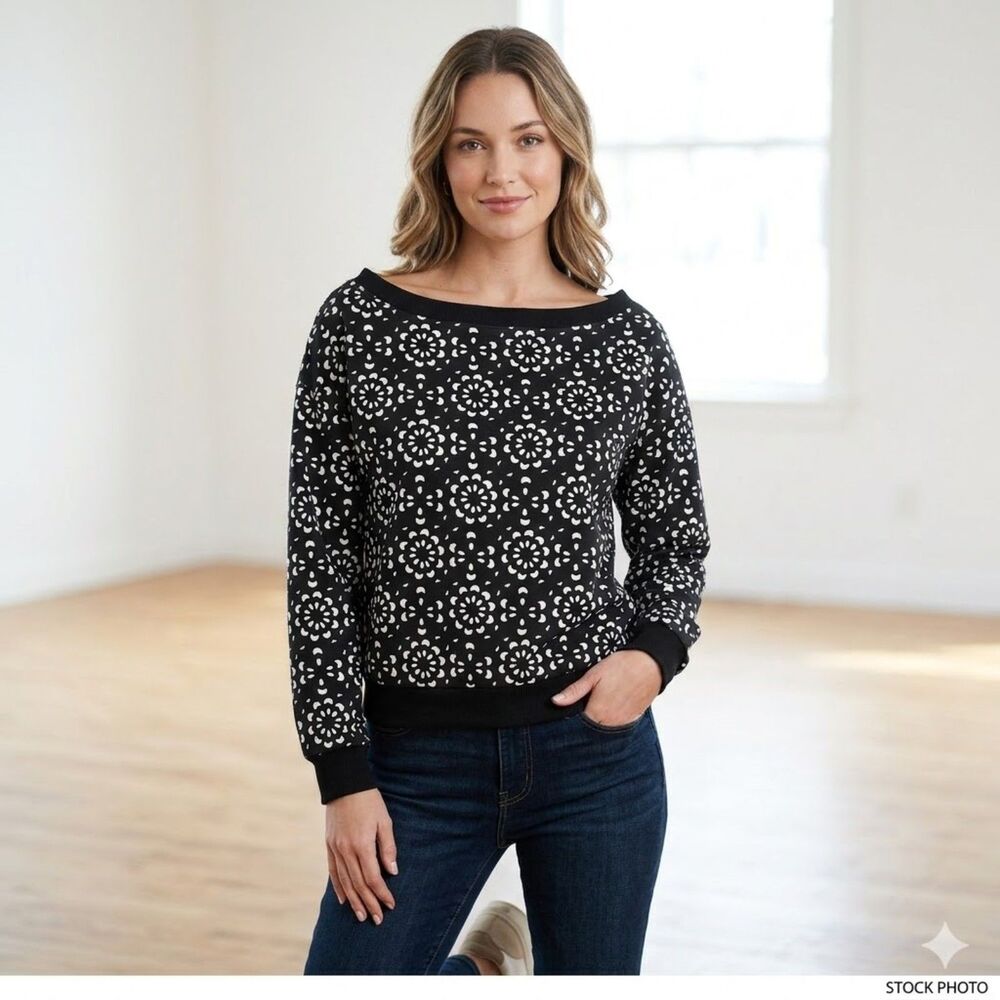 INC International Concepts Black & White Floral Eyelet Print Sweatshirt - Size M